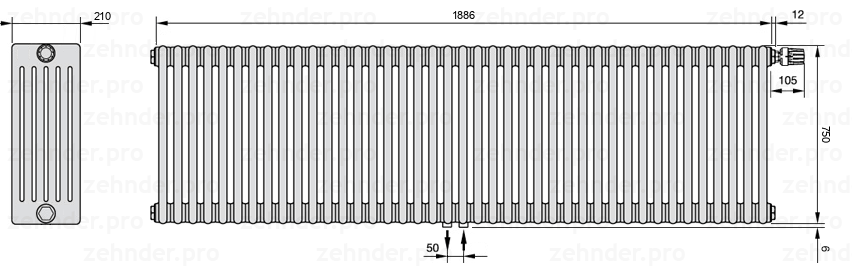 Схема (чертеж) Радиатор Zehnder Charleston 6075/41 №V008 Белый глянцевый RAL 9016